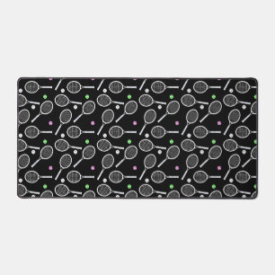 Tennis Racket & Ball Pattern Retro Black Desk Mat