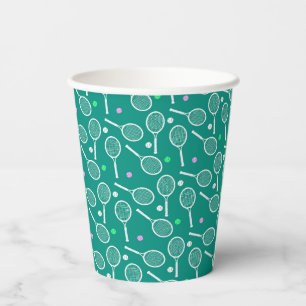 Tennis Racket & Ball Pattern Retro Emerald Green  Paper Cups