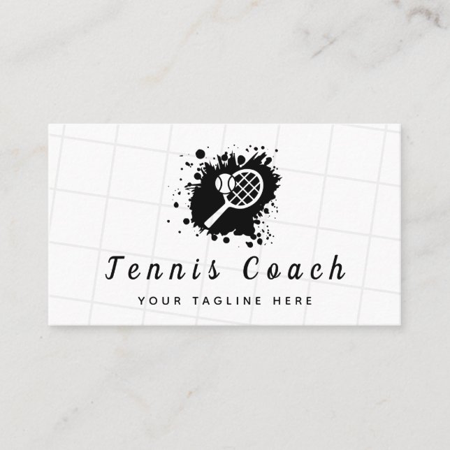 Tennis Racket Ink Splash Black & White Coach Club Business Card (Front)