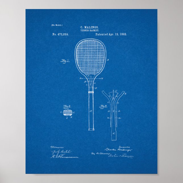Tennis Racket Patent - Blueprint Poster (Front)