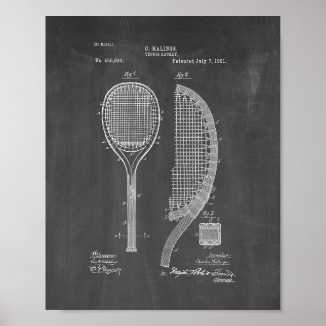 Tennis Racket Patent - Chalkboard Poster (Front)