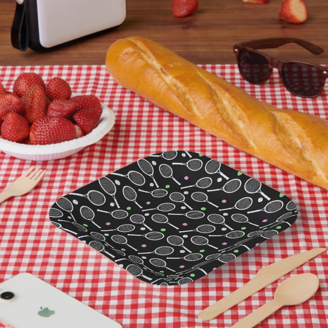 Tennis Racket Pattern Black Background Paper Plate (Picnic)
