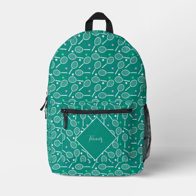 Tennis Racket Pattern Retro Green Personalised Printed Backpack (Front)