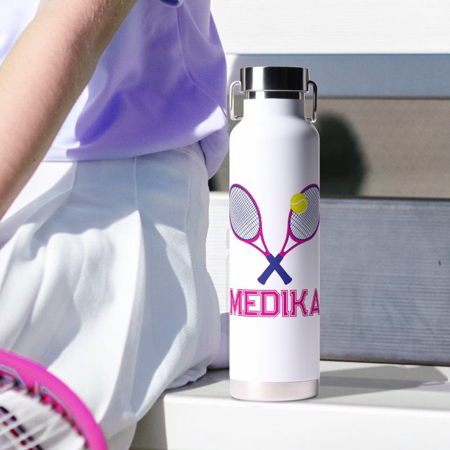 Tennis racket pink blue white yellow personalised  water bottle (Creator Uploaded)