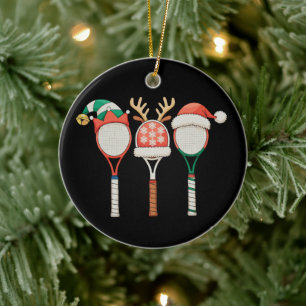 Tennis Racket Reindeer Antlers Santa Hat Christmas Ceramic Tree Decoration