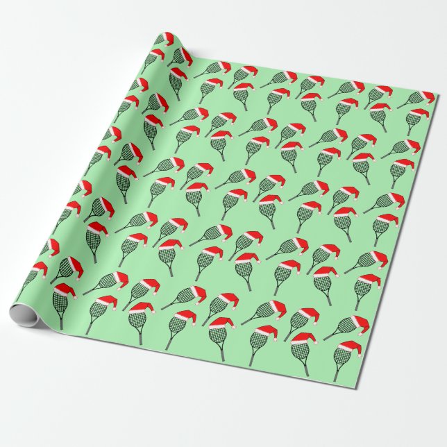 Tennis Racket Santa Hat Wrapping Paper (Unrolled)
