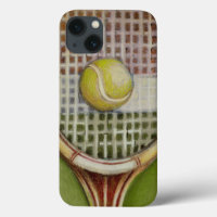 Tennis Racket with Ball Laying on Court