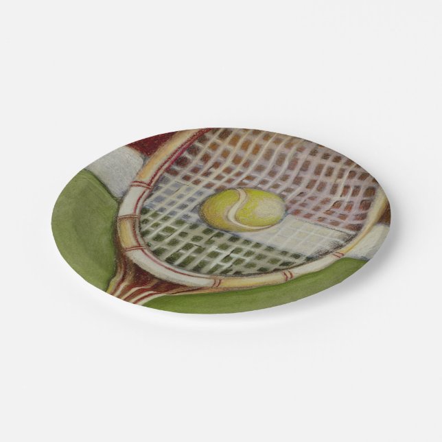 Tennis Racket with Ball Laying on Court Paper Plate (Angled)