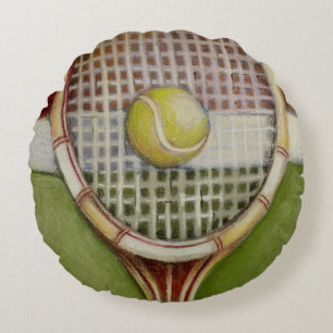 Tennis Racket with Ball Laying on Court Round Cushion