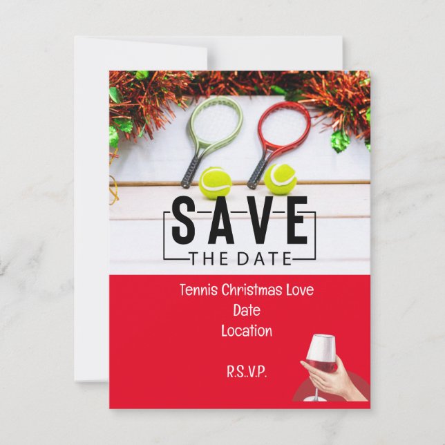 Tennis racket with Christmas Save the Date Party Invitation (Front)