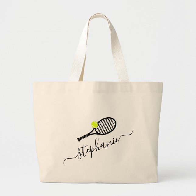 Tennis Racket Yellow Black Monogram Large Tote Bag (Front)