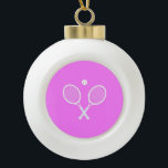 Tennis Rackets and Ball Pink Festive Ceramic Ball Christmas Ornament<br><div class="desc">White Tennis Rackets. Active life motif. Magenta or deep pink background. Tennis lover gift.</div>