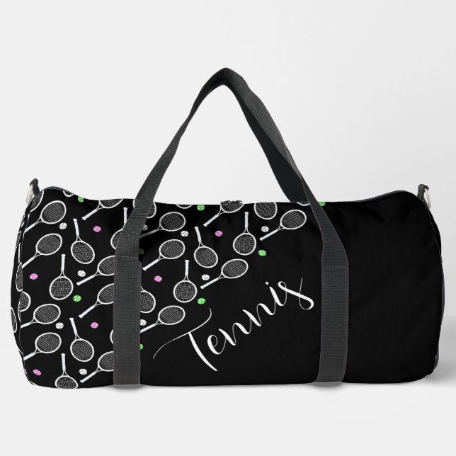 Tennis Rackets and Balls Black Duffle Bag (Front)