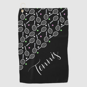 Tennis Rackets and Balls Black Personalised Golf Towel