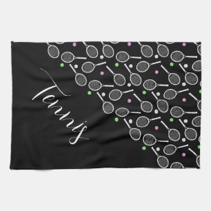 Tennis Rackets and Balls Black Personalised   Tea Towel