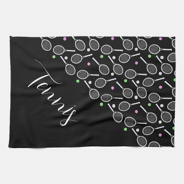 Tennis Rackets and Balls Black Personalised   Tea Towel (Horizontal)