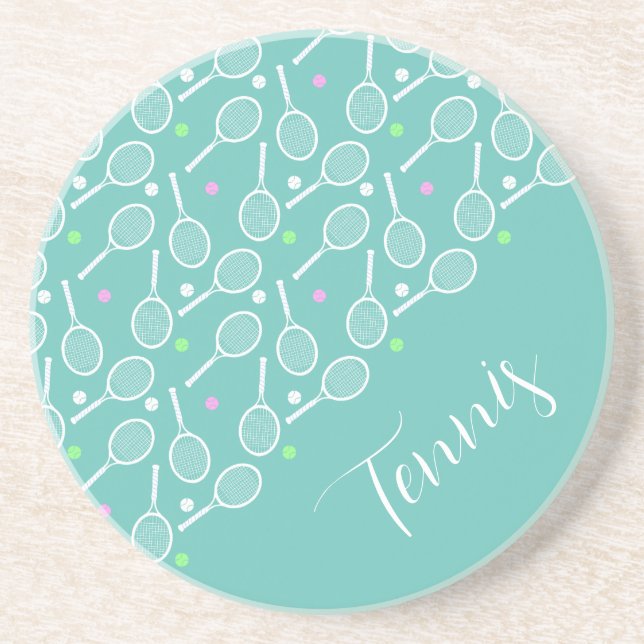 Tennis Rackets and Balls Dusty Green Coaster (Front)