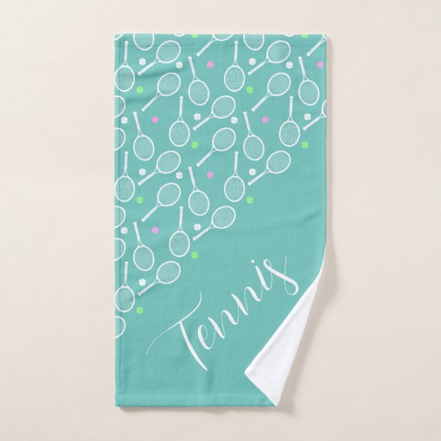 Tennis Rackets and Balls Dusty Green Hand Towel (Hand Towel)