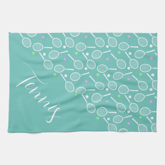 Tennis Rackets and Balls Dusty Green  Tea Towel (Horizontal)