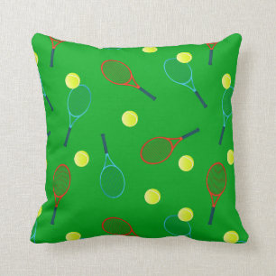 Tennis Rackets and Balls Pattern on Green Cushion