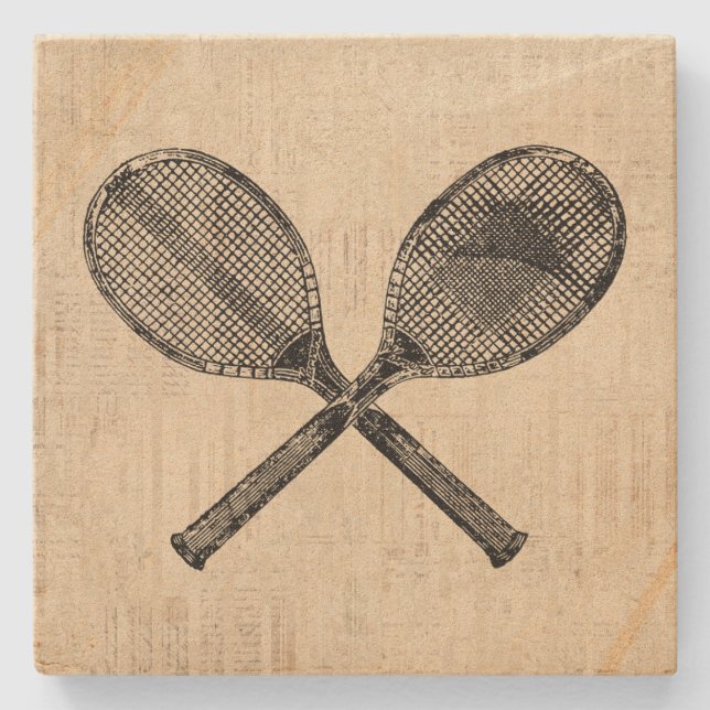 Tennis Rackets Antique Tennis Racquet Script Paper Stone Coaster (Front)