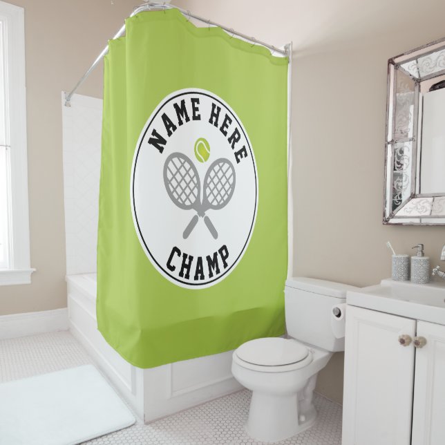 Tennis rackets, ball champ and player name green shower curtain (In Situ)