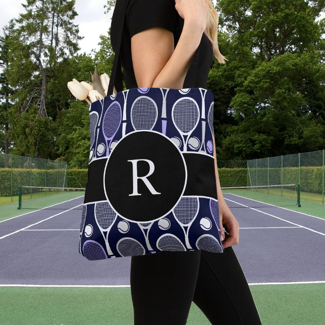 Tennis Rackets & Balls Team Name Monogram Purple Tote Bag (Creator Uploaded)