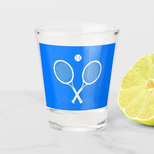 Tennis Rackets Blue Background  Shot Glass (Front)