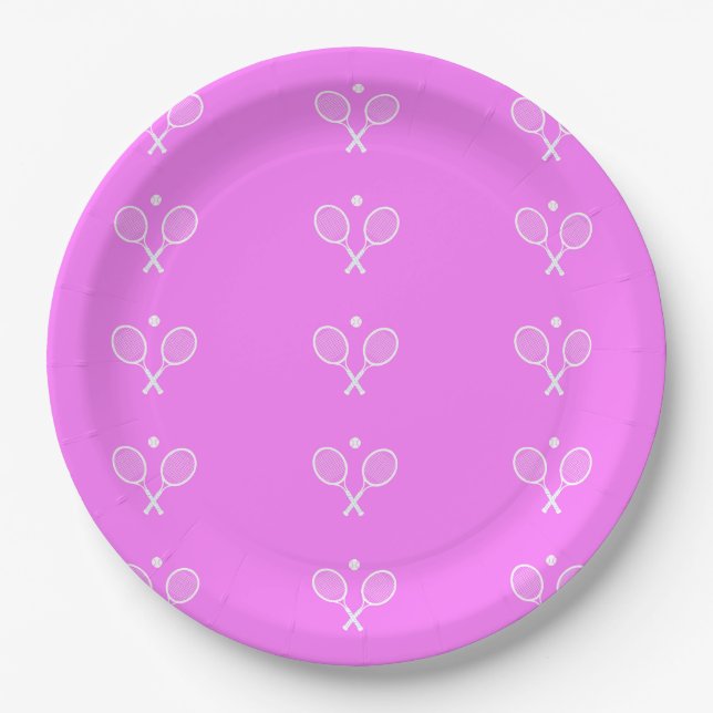 Tennis Rackets Deep Pink Background   Paper Plate (Front)