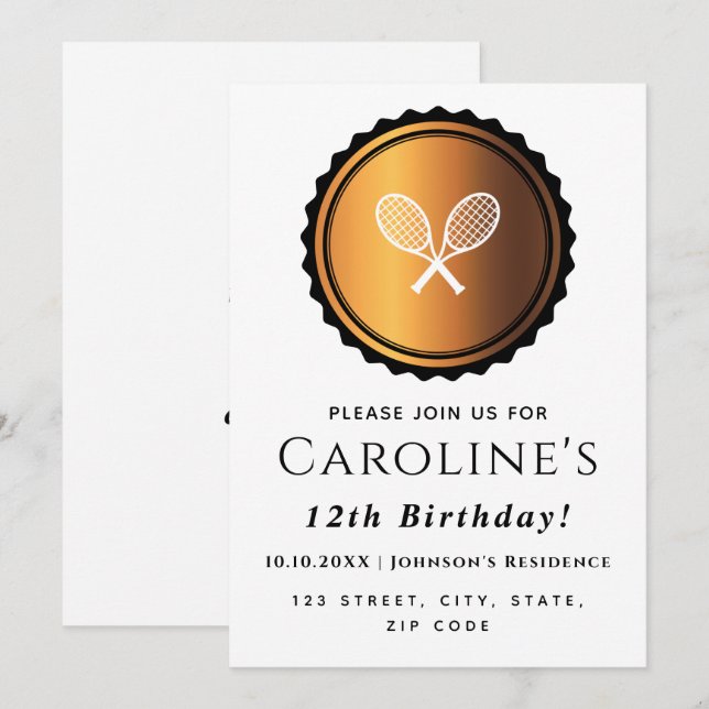 Tennis Rackets Gold & Black Elegant Players Party Invitation (Front/Back)