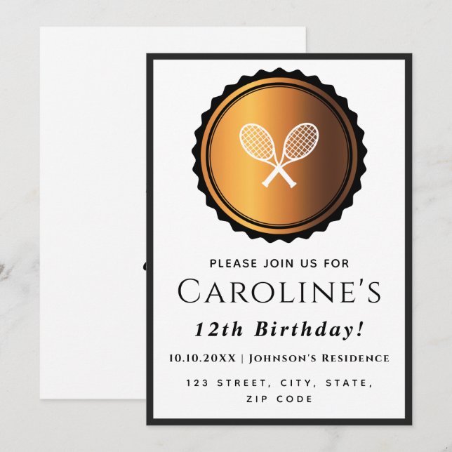 Tennis Rackets Gold & Black Elegant Sport Stylish  Invitation (Front/Back)