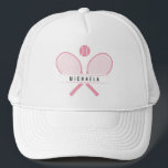 Tennis Rackets & Name Tennis Player Trucker Hat<br><div class="desc">Tennis player's trucker hat, specially designed for tennis enthusiasts who love to hit the court in style. Featuring vintage style tennis rackets crossed in classic fashion with a tennis ball, this hat captures the essence of the game's timeless appeal. Personalise your hat with your name, adding a touch of individuality...</div>