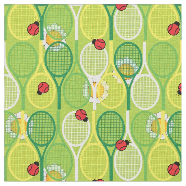 💚🐞🎾 Tennis rackets on green, custom size Fabric (Close Up)
