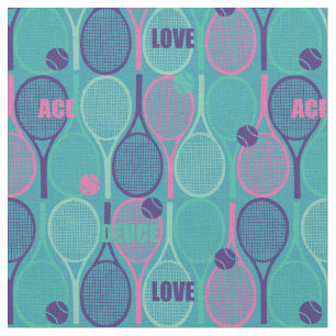Tennis rackets on minty background fabric
