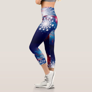 Tennis Rackets Patriotic Fireworks Custom Text Capri Leggings