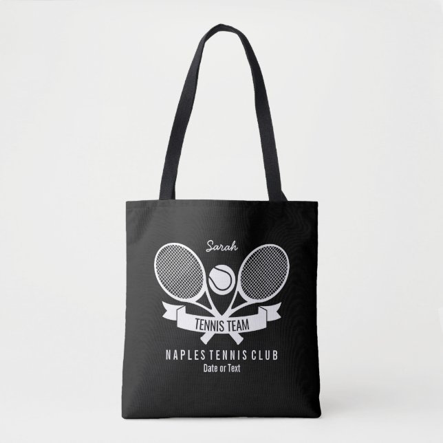 Tennis Racquet Ball Personalised Custom Black Logo Tote Bag (Front)
