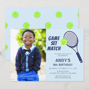 Tennis Racquet Blue Boys Photo Birthday Invitation