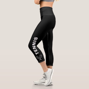 Tennis Racquet Custom Text or Team Name Black Capri Leggings
