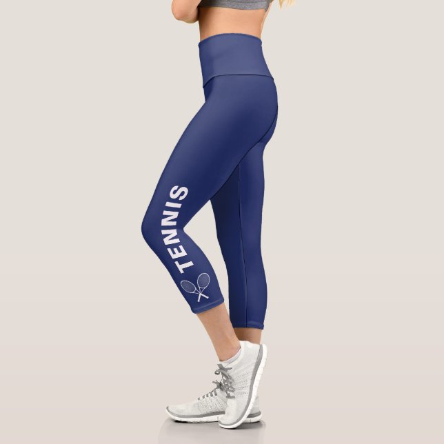 Tennis Racquet Custom Text or Team Name Navy Blue Capri Leggings (Left)