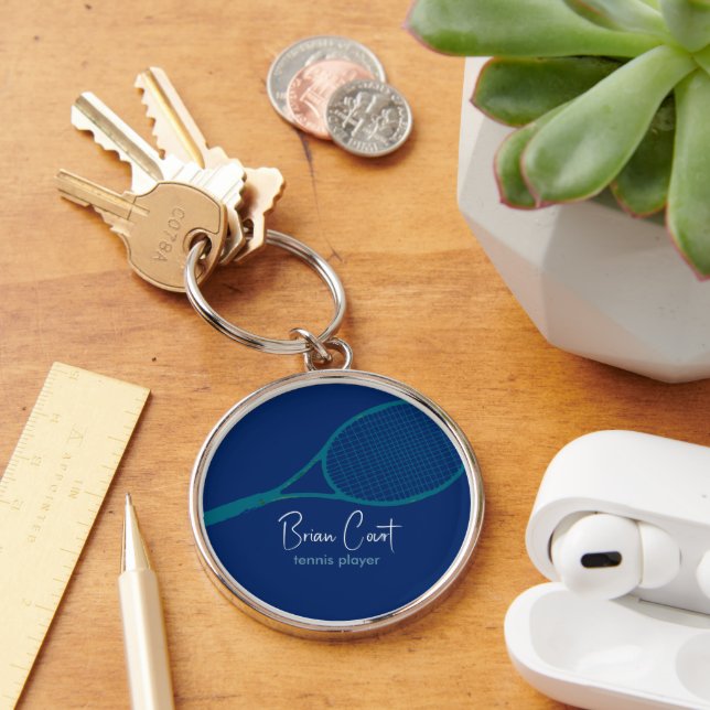 Tennis Racquet Personalised Blue  Key Ring (Desk)