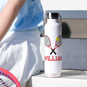 Tennis racquet red black white personalized  water bottle