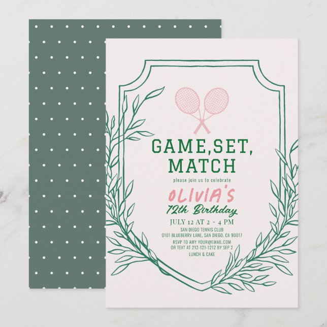 Tennis Racquet Retro Pink & Green Girl Birthday Invitation (Front/Back)
