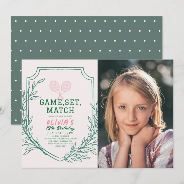 Tennis Racquet Retro Pink & Green Girl Birthday Invitation (Front/Back)