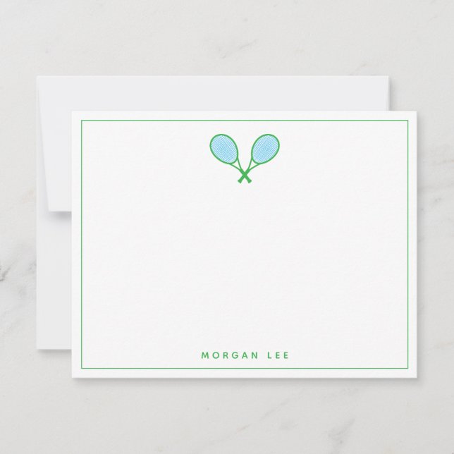 Tennis Racquets Green Blue Custom Name Note Card (Front)