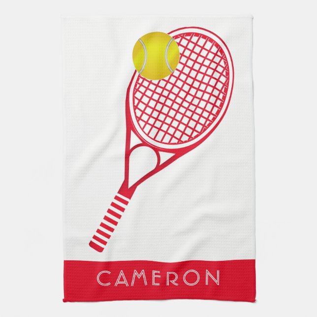 Tennis Red Personalised Name or Monogram Tea Towel (Vertical)