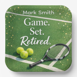 Tennis Retirement with tennis racket and ball Paper Plate