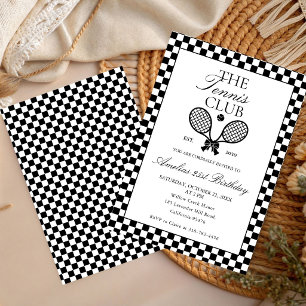 Tennis Retro Black white Bow Birthday Invitation