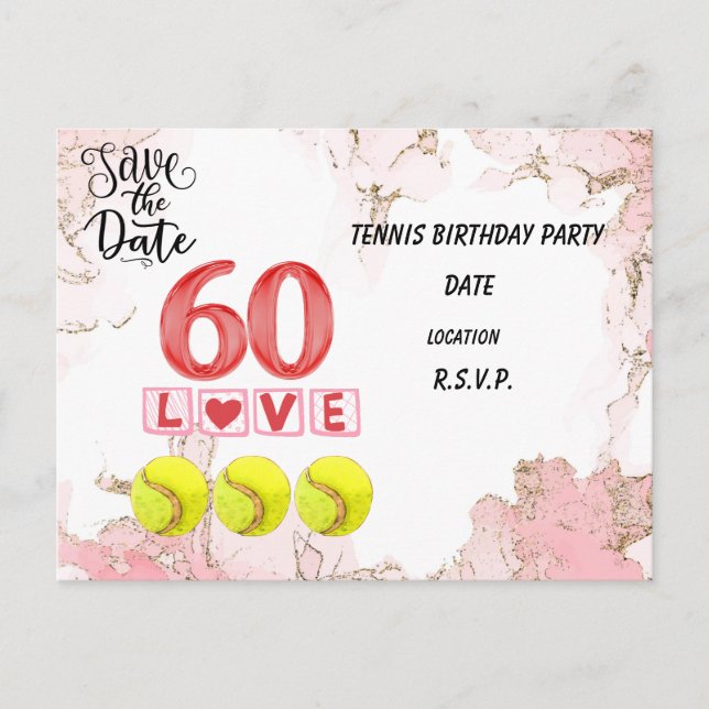 Tennis save the date 60th Birthday Party Postcard (Front)