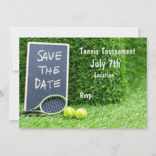 Tennis  save the date on chalk board with racket invitation
