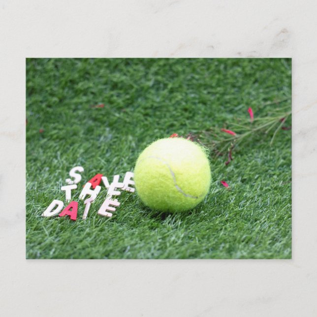 Tennis Save the Date with tennis ball on green Announcement Postcard (Front)